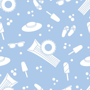 Şişme yatak, şişme daire, dondurma, şapka, Gözlük, plaj terlikleri ile Seamless modeli. Yaz dinlenme kavramı.