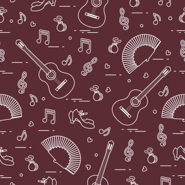 Seamless pattern with fan, shoes, castanets, notes, guitars. Travel and leisure. Traditional symbols of Spain. clipart