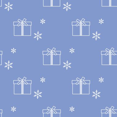 Hediye kutuları ile Seamless modeli şeritler ve kar taneleri ile bağlı. Tasarım kartpostal, davet, afiş için.