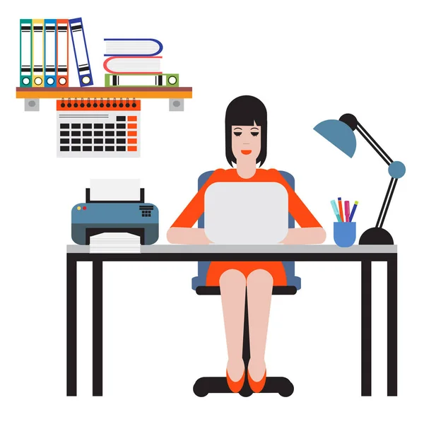 Mujer Sentada Mesa Trabajando Portátil Espacio Trabajo — Vector de stock