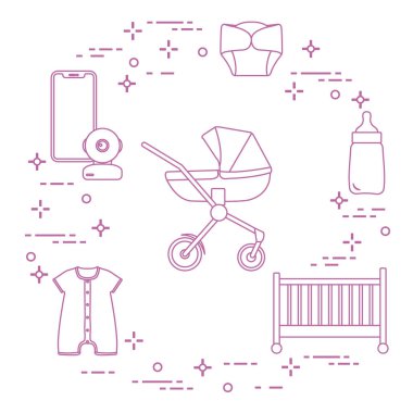 Bebekler için ürünler. Puset, beşik, Bebek telsizi, şişe, su geçirmez Külot, Tulum.