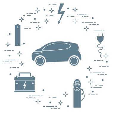 Elektrikli otomobil, pil, şarj istasyonu, elektrik güvenliği işareti, kablo, elektrik prizinden. Yeni ulaşım Çevre teknolojileri. 