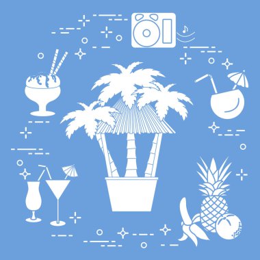 Sahilde, palmiye ağaçları, kokteyller, dondurma, müzik hoparlörler, muz, ananas, portakal Bar.