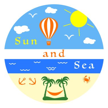 Güneş, bulutlar, kuşlar, deniz, dalgalar, plaj, hava balonu, çapa, yengeç, avuç içi, hamak.