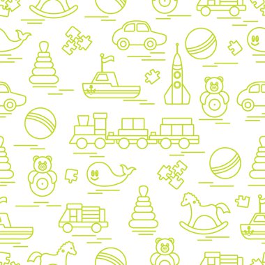 Çocuk oyuncakları ile Seamless modeli. Tren, otomobil, toplar, sallanan at, Roly, balina, bulmacalar, Piramit, tekne.