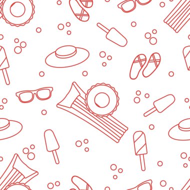 Şişme yatak, şişme daire, dondurma, şapka, Gözlük, plaj terlikleri ile Seamless modeli. Yaz dinlenme kavramı.