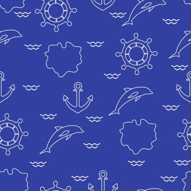 Yunuslar, çapa, direksiyon, dalgalar, Adaları ile Seamless modeli. Yaz eğlence.