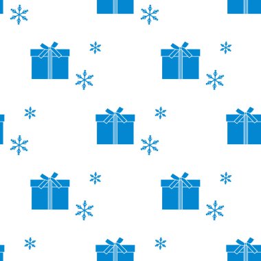 Hediye kutuları ile Seamless modeli şeritler ve kar taneleri ile bağlı. Tasarım kartpostal, davet, afiş için.