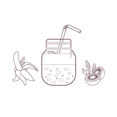 Smoothies ve güler yüzlü yapmak için malzemeler ile jar. Sağlıklı beslenme alışkanlıkları. Kolay pişirme işlemi.