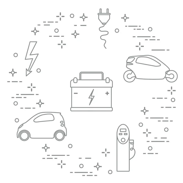 Elektrikli arabalar, pil, şarj istasyonu, elektrik güvenliği işareti, kablo, elektrik prizinden. Yeni ulaşım Çevre teknolojileri.