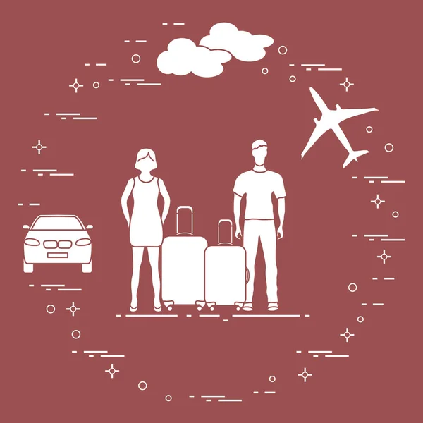 Man and woman with suitcases, plane, cloud, car. Summer time, vacation. Leisure.