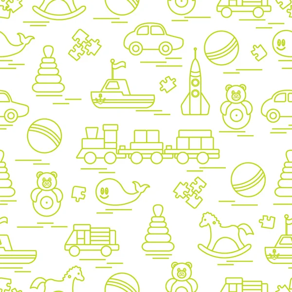 Çocuk oyuncakları ile Seamless modeli. Tren, otomobil, toplar, sallanan at, Roly, balina, bulmacalar, Piramit, tekne.
