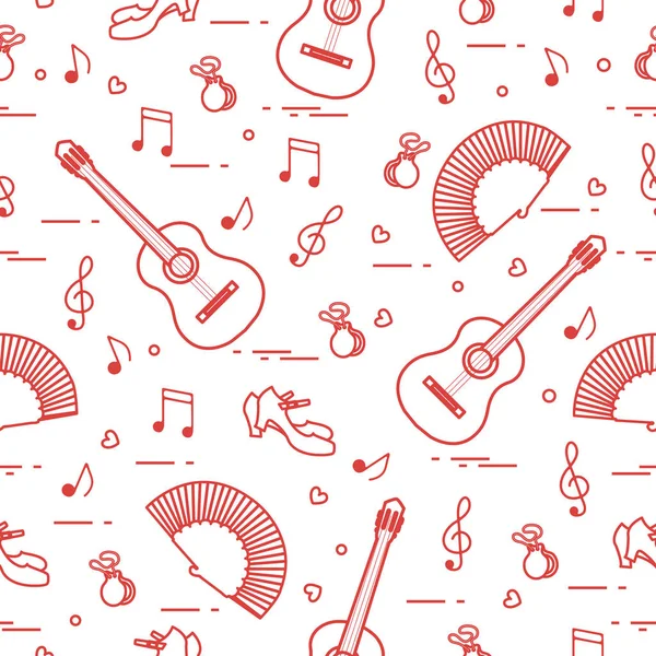 Fan, Ayakkabı, kastanyet, notlar, gitar ile Seamless modeli. Seyahat ve eğlence. İspanya'nın geleneksel semboller.