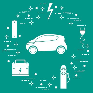 Elektrikli otomobil, pil, şarj istasyonu, elektrik güvenliği işareti, kablo, elektrik prizinden. Yeni ulaşım Çevre teknolojileri. 