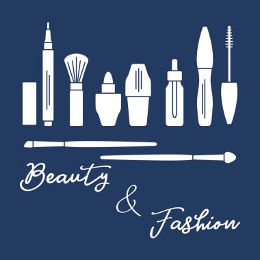 Makyaj. Dekoratif kozmetik Kozmetik yağı. Glamour moda moda stil. Göz kalemi, fırçalar, ruj, Kozmetik yağı, aplikatör, maskara.