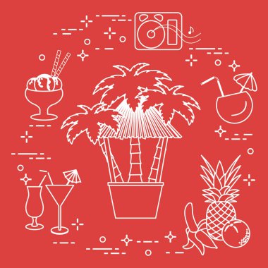 Sahilde, palmiye ağaçları, kokteyller, dondurma, müzik hoparlörler, muz, ananas, portakal Bar.