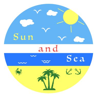 Güneş, bulutlar, kuşlar, deniz, dalgalar, plaj, çapa, yengeç, palmiye ağaçları.