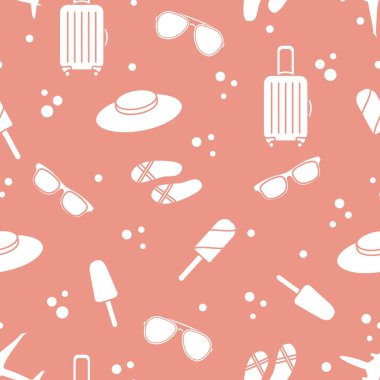 Bavul, dondurma, şapka, güneş gözlüğü, plaj terlikleri ile Seamless modeli. Yaz dinlenme kavramı.