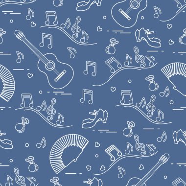 Fan, Ayakkabı, kastanyet, notlar, gitar ile Seamless modeli. Seyahat ve eğlence. İspanya'nın geleneksel semboller.