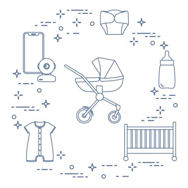 Bebekler için ürünler. Puset, beşik, Bebek telsizi, şişe, su geçirmez Külot, Tulum.