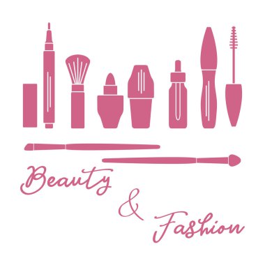 Makyaj. Dekoratif kozmetik Kozmetik yağı. Glamour moda moda stil. Göz kalemi, fırçalar, ruj, Kozmetik yağı, aplikatör, maskara.