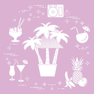 Sahilde, palmiye ağaçları, kokteyller, dondurma, müzik hoparlörler, muz, ananas, portakal Bar.