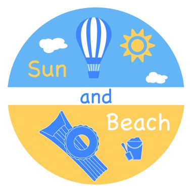 Güneş, bulutlar, hava balonu, plaj, şişme yatak, şişme daire, kova, kürek, kum. Yaz eğlence.