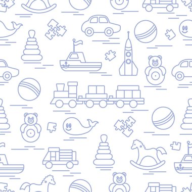 Çocuk oyuncakları ile Seamless modeli. Tren, otomobil, toplar, sallanan at, Roly, balina, bulmacalar, Piramit, tekne.