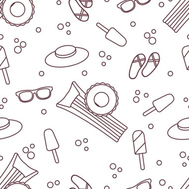 Şişme yatak, şişme daire, dondurma, şapka, Gözlük, plaj terlikleri ile Seamless modeli. Yaz dinlenme kavramı.