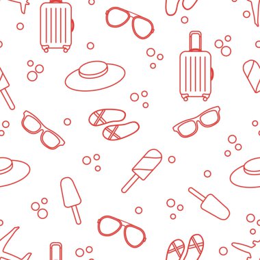 Bavul, dondurma, şapka, güneş gözlüğü, plaj terlikleri ile Seamless modeli. Yaz dinlenme kavramı.