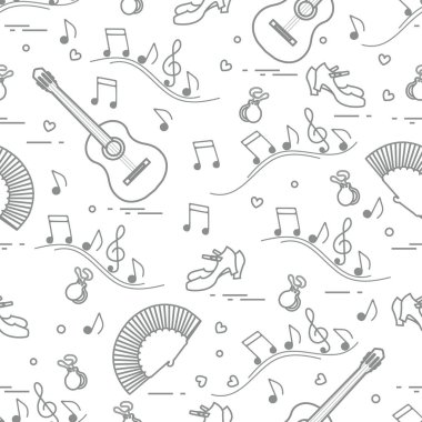 Fan, Ayakkabı, kastanyet, notlar, gitar ile Seamless modeli. Seyahat ve eğlence. İspanya'nın geleneksel semboller.