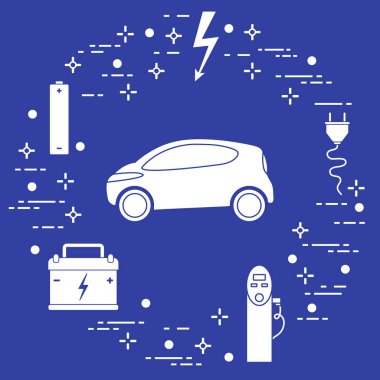 Elektrikli otomobil, pil, şarj istasyonu, elektrik güvenliği işareti, kablo, elektrik prizinden. Yeni ulaşım Çevre teknolojileri. 
