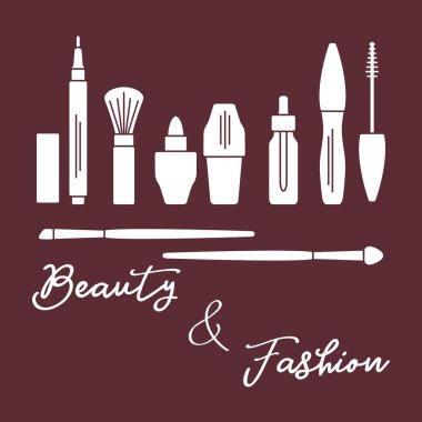 Makyaj. Dekoratif kozmetik Kozmetik yağı. Glamour moda moda stil. Göz kalemi, fırçalar, ruj, Kozmetik yağı, aplikatör, maskara.