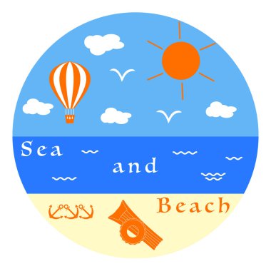 Güneş, bulutlar, kuşlar, hava balon, deniz, dalgalar, plaj, çapa, şişme yatak, şişme daire. Yaz eğlence.