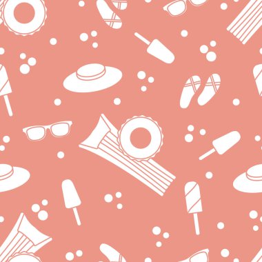 Şişme yatak, şişme daire, dondurma, şapka, Gözlük, plaj terlikleri ile Seamless modeli. Yaz dinlenme kavramı.