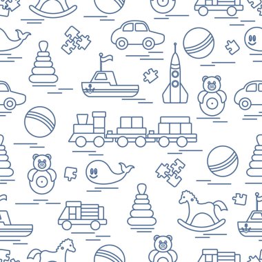 Çocuk oyuncakları ile Seamless modeli. Tren, otomobil, toplar, sallanan at, Roly, balina, bulmacalar, Piramit, tekne.