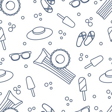 Şişme yatak, şişme daire, dondurma, şapka, Gözlük, plaj terlikleri ile Seamless modeli. Yaz dinlenme kavramı.
