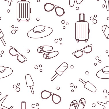 Bavul, dondurma, şapka, güneş gözlüğü, plaj terlikleri ile Seamless modeli. Yaz dinlenme kavramı.