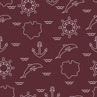 Yunuslar, çapa, direksiyon, dalgalar, Adaları ile Seamless modeli. Yaz eğlence.