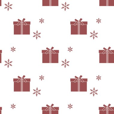 Hediye kutuları ile Seamless modeli şeritler ve kar taneleri ile bağlı. Tasarım kartpostal, davet, afiş için.