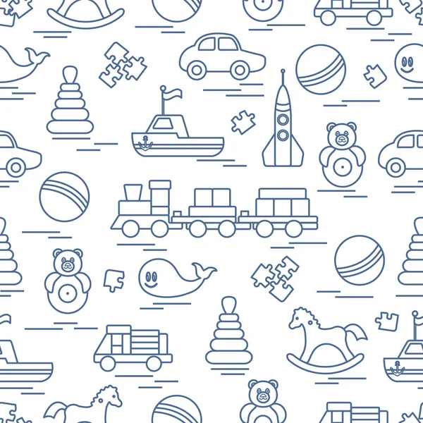 Çocuk oyuncakları ile Seamless modeli. Tren, otomobil, toplar, sallanan at, Roly, balina, bulmacalar, Piramit, tekne.