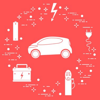 Elektrikli otomobil, pil, şarj istasyonu, elektrik güvenliği işareti, kablo, elektrik prizinden. Yeni ulaşım Çevre teknolojileri. 