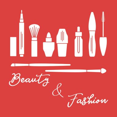 Makyaj. Dekoratif kozmetik Kozmetik yağı. Glamour moda moda stil. Göz kalemi, fırçalar, ruj, Kozmetik yağı, aplikatör, maskara.