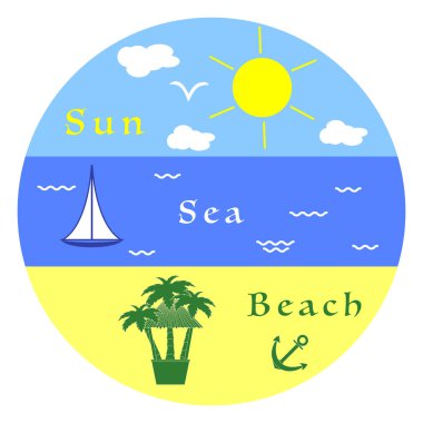 Güneş, bulutlar, kuş, deniz, dalgalar, yat, plaj, çapa, bar, palmiyeler. Yaz eğlence.