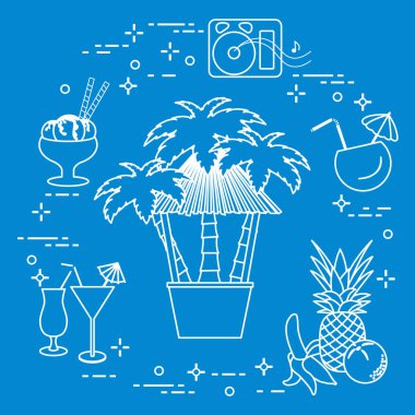 Sahilde, palmiye ağaçları, kokteyller, dondurma, müzik hoparlörler, muz, ananas, portakal Bar.