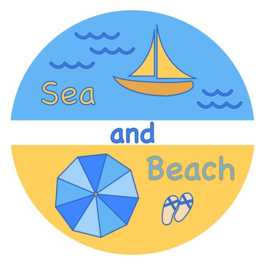 Deniz, dalgalar, plaj, yat, plaj terlikleri, şemsiye. Yaz dinlenme. Tasarım, yazdırma için şablon.