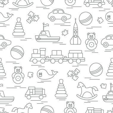 Çocuk oyuncakları ile Seamless modeli. Tren, otomobil, toplar, sallanan at, Roly, balina, bulmacalar, Piramit, tekne.