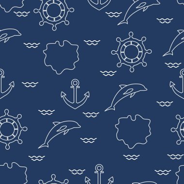 Yunuslar, çapa, direksiyon, dalgalar, Adaları ile Seamless modeli. Yaz eğlence.