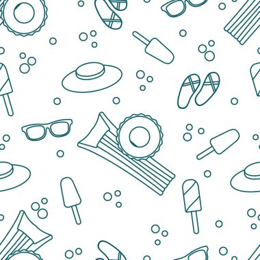 Şişme yatak, şişme daire, dondurma, şapka, Gözlük, plaj terlikleri ile Seamless modeli. Yaz dinlenme kavramı.
