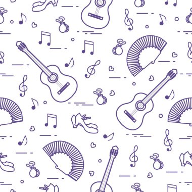 Fan, Ayakkabı, kastanyet, notlar, gitar ile Seamless modeli. Seyahat ve eğlence. İspanya'nın geleneksel semboller.